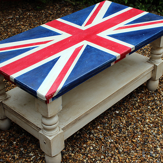 Coffee Table Union Jack painted top with white base distressed and antiqued with dark wax.